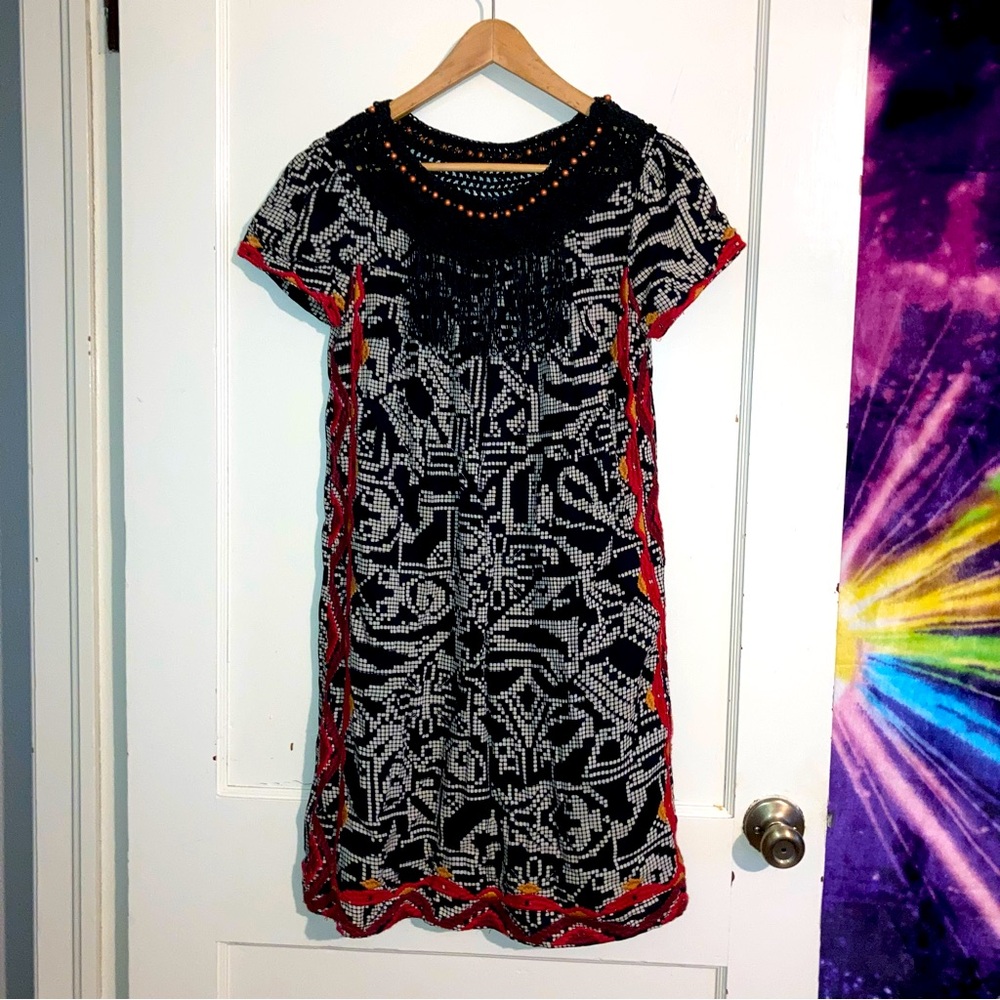 Floreat Embroidered Beaded Tassel Boho Dress XS